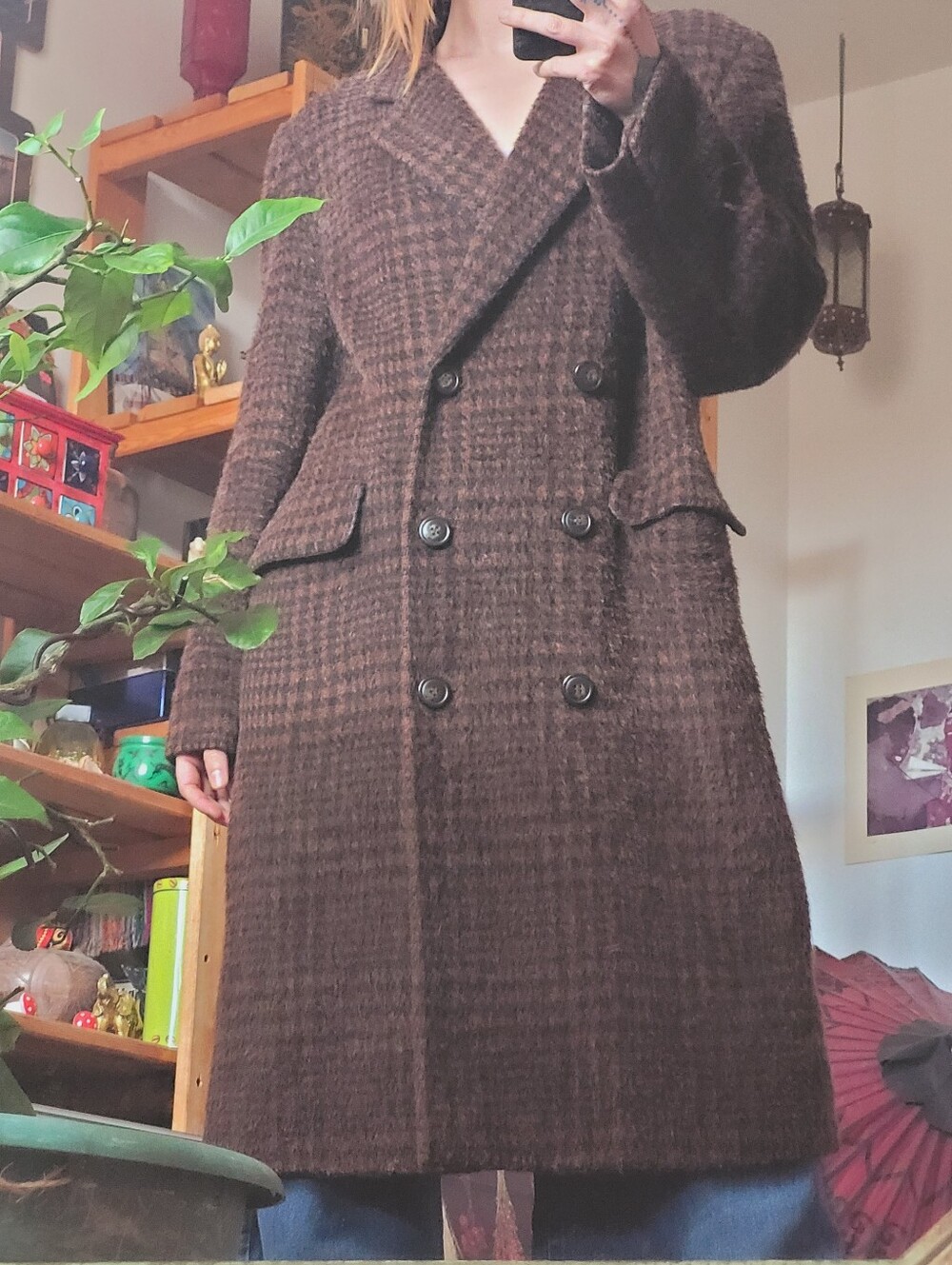 MaxMara Vintage Brown & Black Plaid Wool Long Pea Coat - Size Us 8